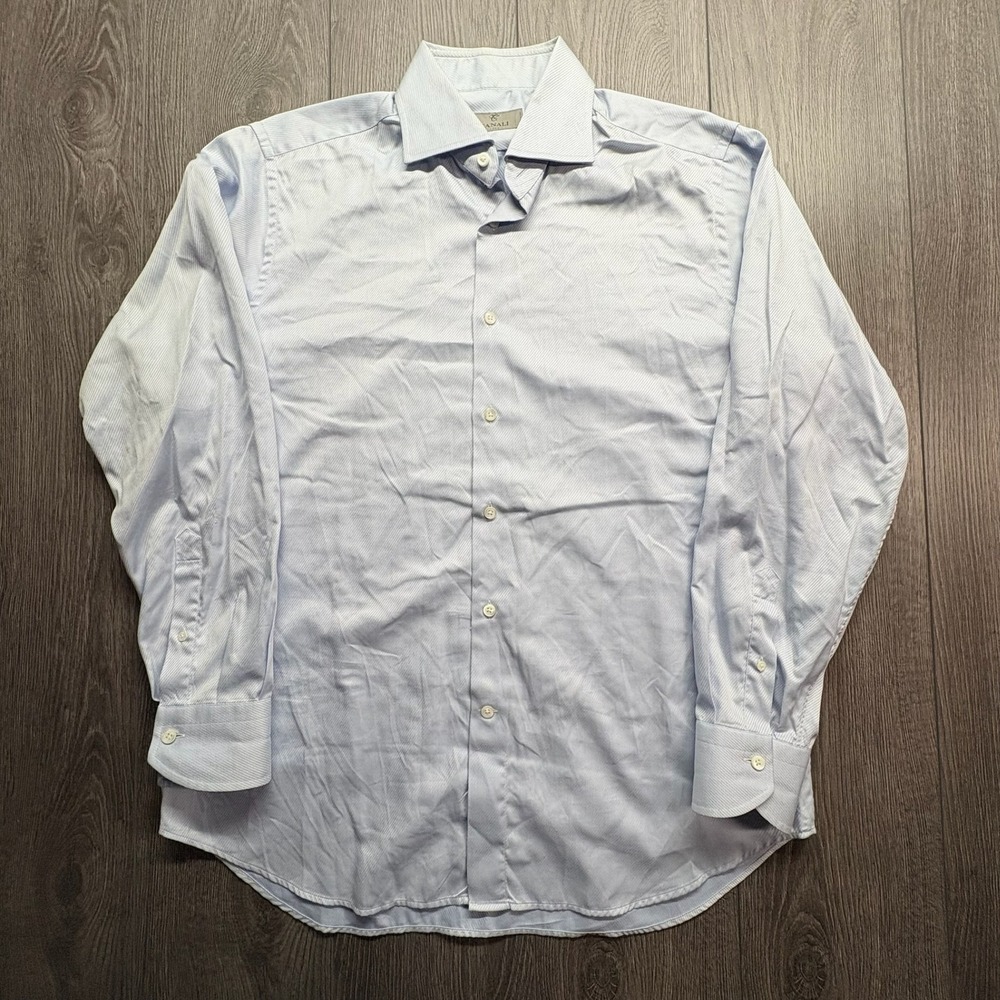 Canali 1934 Mens 16.5 Light Blue Striped Dress Shirt Spread Collar Made in Italy
